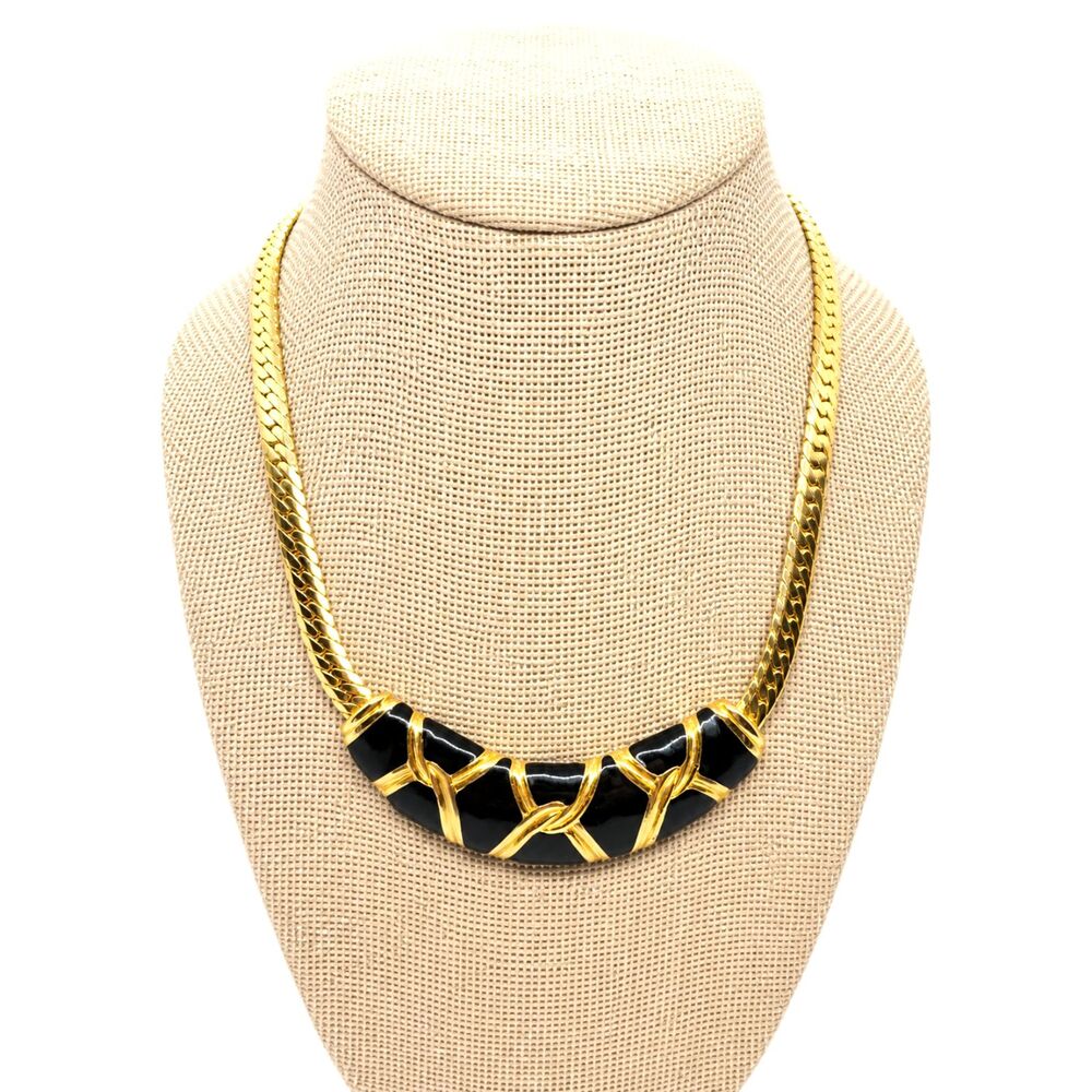 VINTAGE ENAMEL NECKLACE Black Gold Tone Collar Bib Statement 1980s Criss Cross
